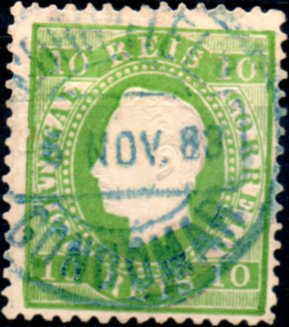 0271.jpg -     Lote:    271      Colecção CASCAIS II             Descrição:         1879/80 &mdash; D. Luís I. Fita direita. Novas cores. CE49, 10 reis verde amarelo, papel liso, denteado 12 &frac12;, obliterado com CCD tipo 1880, batido a azul, "GONDOMAR".        O       Valor Base:     &euro; 35,00     Valor Venda:     &euro; 35,00     