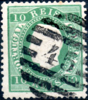 0272.jpg -     Lote:    272      Colecção CASCAIS II             Descrição:         1879/80 &mdash; D. Luís I. Fita direita. Novas cores. CE49, 10 reis verde azul, papel liso, denteado 12 &frac12;, obliterado com carimbo numérico da 2.ª reforma "45 &mdash; FUNCHAL". Rara utilização deste selo na Madeira.        O       Valor Base:     &euro; 60,00     Valor Venda:     &euro; 60,00     