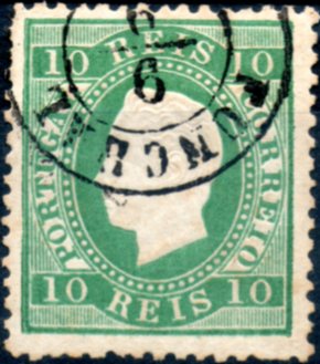 0273.jpg -     Lote:    273      Colecção CASCAIS II             Descrição:         1879/80 &mdash; D. Luís I. Fita direita. Novas cores. CE49, 10 reis verde azul, papel liso, denteado 12 &frac12;, obliterado com carimbo circular datado, tipo 1842 do "FUNCHAL". Rara utilização deste selo na Madeira.        O       Valor Base:     &euro; 75,00     Valor Venda:     &euro; 110,00     