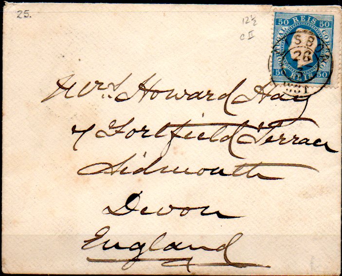 0277.jpg -     Lote:    277      Colecção CASCAIS II             Descrição:         1879/80 &mdash; D. Luís I. Fita direita. Novas cores. CE50, 50 reis azul, papel liso, denteado 12 &frac12;, cunho II. Sobrescrito circulado com um selo, de Lisboa (26.03.1881) para Inglaterra (31.03.1881). MB.        Carta       Valor Base:     &euro; 50,00     Valor Venda:     Retirado     