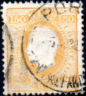 0279.jpg -     Lote:    279      Colecção CASCAIS II             Descrição:         1879/80 &mdash; D. Luís I. Fita direita. Novas cores. CE51, 150 reis amarelo, papel porcelana, denteado 12 &frac12;, obliterado com carimbo circular datado batido a preto "PORTO / EST. ALFANDEGA". Selo com adelgaçamento.        O       Valor Base:     &euro; 10,00     Valor Venda:     Retirado     