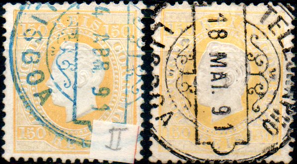 0280.jpg -     Lote:    280      Colecção CASCAIS II             Descrição:         1879/80 &mdash; D. Luís I. Fita direita. Novas cores. CE51, 150 reis amarelo, papel porcelana, denteado 12 &frac12;. Lote de dois selos obliterados com carimbos da telegrafia eléctrica, batidos a preto e azul "TELEGRAPHO / LISBOA".        O       Valor Base:     &euro; 20,00     Valor Venda:     &euro; 20,00     