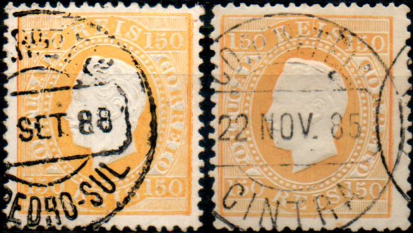 0281.jpg -     Lote:    281      Colecção CASCAIS II             Descrição:         1879/80 &mdash; D. Luís I. Fita direita. Novas cores. CE51, 150 reis amarelo, papel porcelana, denteado 13 &frac12;. Lote de 2 selos obliterados com CCD's tipo 1880 de "S. PEDRO &mdash; SUL" e "CINTRA". MB.        O       Valor Base:     &euro; 30,00     Valor Venda:     Retirado     