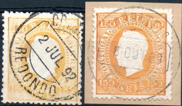 0282.jpg -     Lote:    282      Colecção CASCAIS II             Descrição:         1879/80 &mdash; D. Luís I. Fita direita. Novas cores. CE51, 150 reis amarelo, papel porcelana. Lote de dois selos obliterados com CCD's tipo 1880: um em denteado 12 &frac12; com carimbo a preto de "REDONDO" e outro em fragmento com carimbo batido a preto de "TABOAÇO". MB.        O       Valor Base:     &euro; 30,00     Valor Venda:     &euro; 30,00     