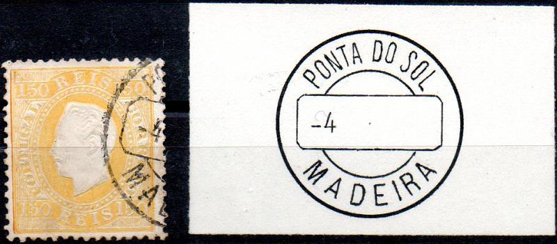 0283.jpg -     Lote:    283      Colecção CASCAIS II             Descrição:         1879/80 &mdash; D. Luís I. Fita direita. Novas cores. CE51, 150 reis amarelo, papel porcelana, denteado 12 &frac12;, obliterado com CCD tipo 1880, batido a preto "PONTA DO SOL / MADEIRA". Rara utilização deste selo sem sobrecarga na Madeira.        O       Valor Base:     &euro; 40,00     Valor Venda:     Retirado     