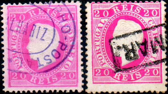 0289.jpg -     Lote:    289      Colecção CASCAIS II             Descrição:         1884 &mdash; D. Luís I. Fita direita. Nova cor e valor. CE66, 20 reis carmim rosa, denteado 13 &frac12;, papel porcelana. Lote de dois selos: um com carimbo da telegrafia batido a violeta "ESTAÇÃO TELEGRAPHO-POSTAL / CALHARIZ" e outro com nominativo batido a preto "THOMAR.".        O       Valor Base:     &euro; 25,00     Valor Venda:     &euro; 30,00     