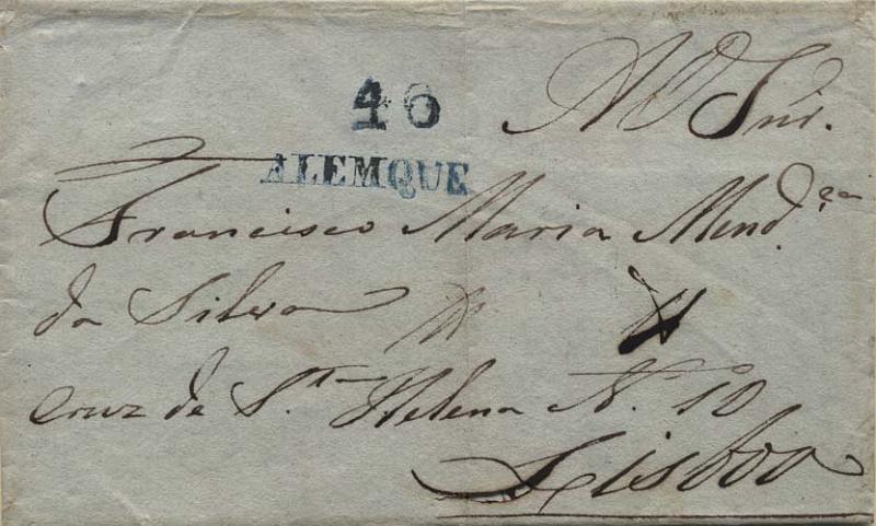 0294.jpg -     Lote:    294            Portugal       Descrição:      Alemquer &mdash;   A azul, GM ALQ4 em carta remetida de Alenquer para Lisboa (30.08.41) com o porte de 40 reis batido a azul.        Carta       Valor Base:     &euro; 10,00     Valor Venda:     &euro; 14,00     