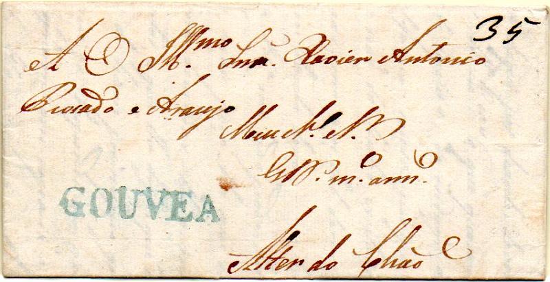 0302.jpg -     Lote:    302            Portugal       Descrição:      Gouveia &mdash;   A azul, GM GVA1 em carta datada de Gouveia (18.01.37) para Alter do Chão com o porte manuscrito de 35 reis. MB e MR.        Carta       Valor Base:     &euro; 400,00     Valor Venda:     &euro; 400,00     