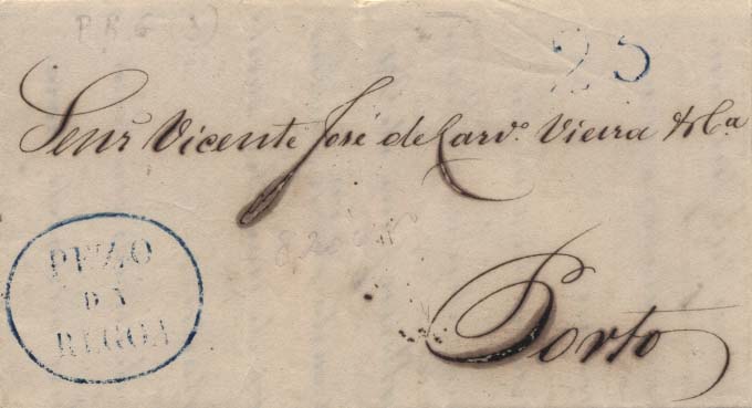 0319.jpg -     Lote:    319            Portugal       Descrição:      Pezo da Regoa &mdash;   A azul, GM PRG3, em carta datada da Régua (29.09.1845) para o Porto, com o porte de 25 reis batido a azul. MB.        Carta       Valor Base:     &euro; 15,00     Valor Venda:     Retirado     