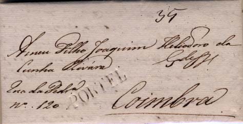 0326.jpg -     Lote:    326            Portugal       Descrição:      Portel &mdash;   A sépia, GM PRL1 em carta datada de Portel (24.10.1836) para Coimbra com o porte de 35 reis batido a sépia. MB.        Carta       Valor Base:     &euro; 100,00     Valor Venda:     Retirado     