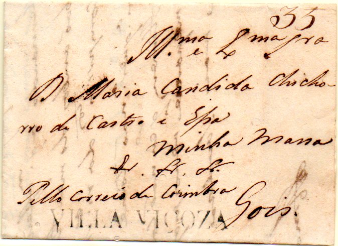 0340.jpg -     Lote:    340            Portugal       Descrição:      Vila Viçosa &mdash;   A preto, GM VVC2 em carta datada de Vila Viçosa (19.09.1814) para Góis, com o porte de 35 reis manuscrito a sépia. MR e R.        Carta       Valor Base:     &euro; 200,00     Valor Venda:     &euro; 200,00     