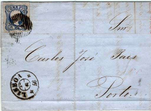 0354.jpg -     Lote:    354            Portugal       Descrição:         1856/58 &mdash; D. Pedro V. Cabelos anelados. CE12, 25 reis azul (linhas duplas), tipo II. Carta circulada de Lisboa (28.08.56) para o Porto (30.08.56). Selo com boas margens.        Carta       Valor Base:     &euro; 10,00     Valor Venda:     &euro; 10,00     