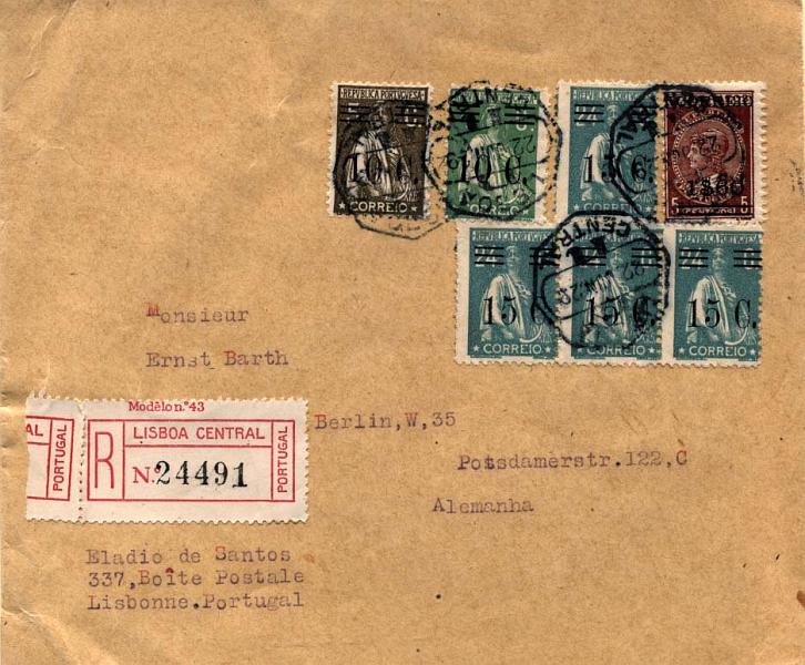 0407.jpg -     Lote:    407            Portugal       Descrição:         1928/29 &mdash; Ceres c/ sobretaxa + Imposto Telegráfico, com sobretaxa. Sobrescrito circulado registado de Lisboa (22.06.29) para a Alemanha (26.06.29) com selos de 10 s/ 5C, 10 s/ 4C, 4x15 s/ 24 C + 1$60 s/ 5C, CE456, 458, 462 e 494, perfazendo o porte de 2$40 (1.º porte + registo). MB.        Carta       Valor Base:     &euro; 30,00     Valor Venda:     &euro; 85,00     