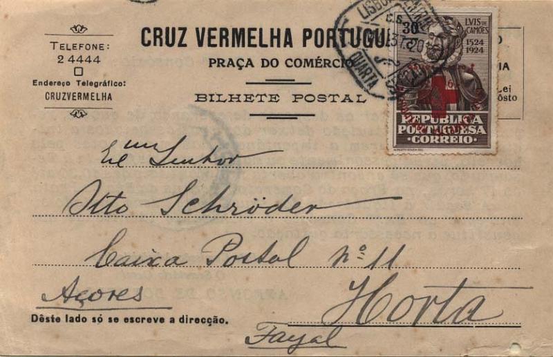 0419.jpg -     Lote:    419            Portugal       Descrição:         1936 - Privativos. Cruz Vermelha Portuguesa. Selos do 4.º Centenário do Nascimento de Luís de Camões sobrecarregados. CE CVP67, 30c castanho circulado em postal ilustrado de Lisboa (07.05.1937) para a Horta. Selo com a sobrecarga invertida. MB e R.        PI       Valor Base:     &euro; 40,00     Valor Venda:     &euro; 60,00     