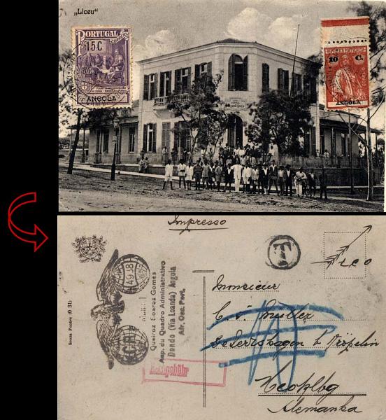 0431.jpg -     Lote:    431            Angola       Descrição:         1925 &mdash; Imposto Postal. Monumento ao Marquês de Pombal + Ceres. Postal ilustrado circulado de Cambambe (08.05.25 &mdash; 1.º dia de circulação) para a Alemanha com selo de 15C (Plano) lilás CE IP2 e 10c tijolo CE151. B e MR.        PI       Valor Base:     &euro; 150,00     Valor Venda:     &euro; 220,00     