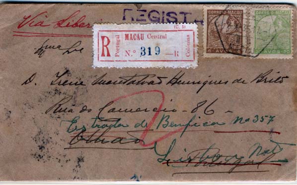 0449.jpg -     Lote:    449            Macau       Descrição:         1934 &mdash; Padrões. Sobrescrito circulado registado de Macau (02.10.35) para Olhão (23.10.35) e reendereçado para Lisboa (26.10.35), com selos de 6 e 30 avos CE274 e 282.        Carta       Valor Base:     &euro; 12,00     Valor Venda:     &euro; 24,00     