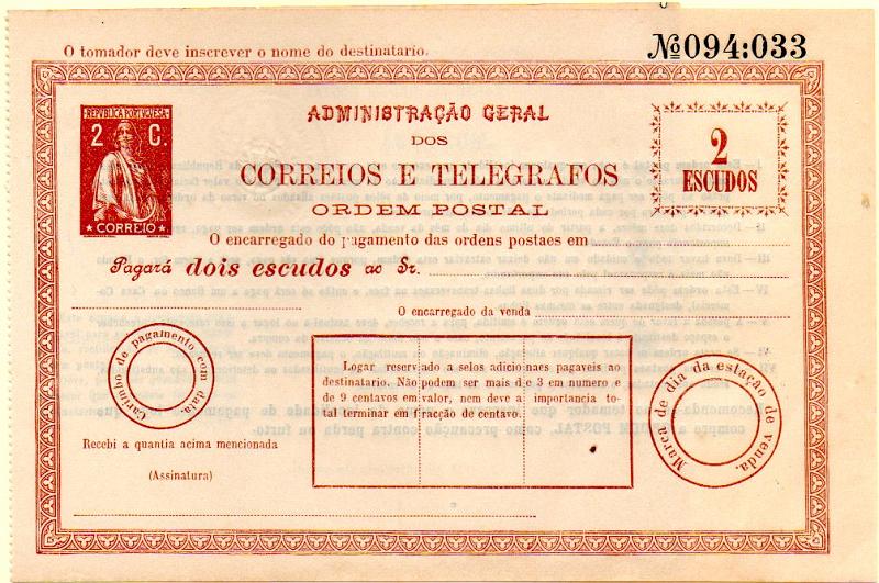 0566.jpg -     Lote:    566            Portugal       Descrição:         1912 (Novembro 16) &mdash; Impressos Selados (Ordens Postais). Selo tipo Ceres. Ordem postal de 2E com selo impresso de 2C castanho vermelho. MR.        OPN       Valor Base:     &euro; 100,00     Valor Venda:     &euro; 260,00     