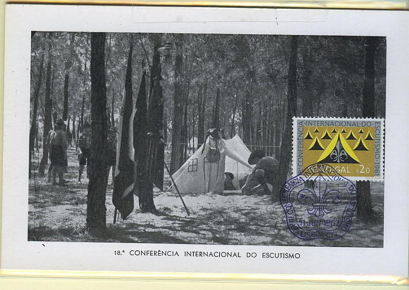 0591.jpg -     Lote:    591                   Descrição:         1962 &mdash; 18.ª Conferência Internacional do Escutismo. Lote de 4 PM's elaborados com os selos de $20, $50, 1$00 e 2$50 CE888/891 e postais concordantes, obliterados com o carimbo comemorativo do 1.º dia de circulação * Lisboa (11.06.62).        PM       Valor Base:     &euro; 7,00     Valor Venda:     &euro; 7,00     