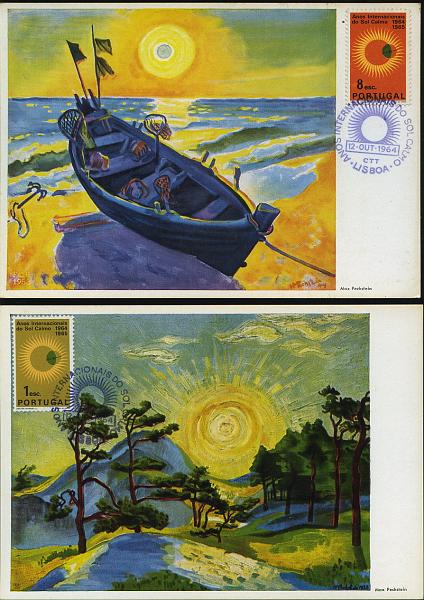0593.jpg -     Lote:    593                   Descrição:         1964 &mdash; Anos Internacionais do Sol Calmo. CE937/938. Lote de dois postais máximos (um por cada selo) obliterados com carimbo comemorativo do 1.º dia de circulação * Lisboa (12.10.64).        PM       Valor Base:     &euro; 5,00     Valor Venda:     &euro; 8,00     