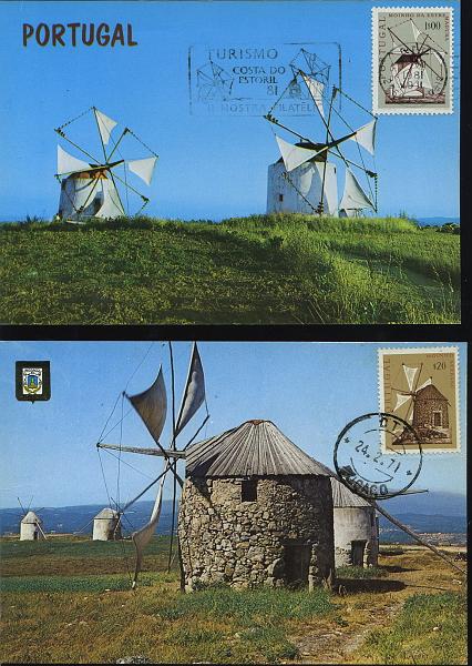 0595.jpg -     Lote:    595                   Descrição:         Moinhos Portugueses. Lote de 9 postais máximos com selos da emissão. Repetições dos selos, porém com carimbos e postais diferentes. Lote a ver.        PM       Valor Base:     &euro; 20,00     Valor Venda:     &euro; 24,00     