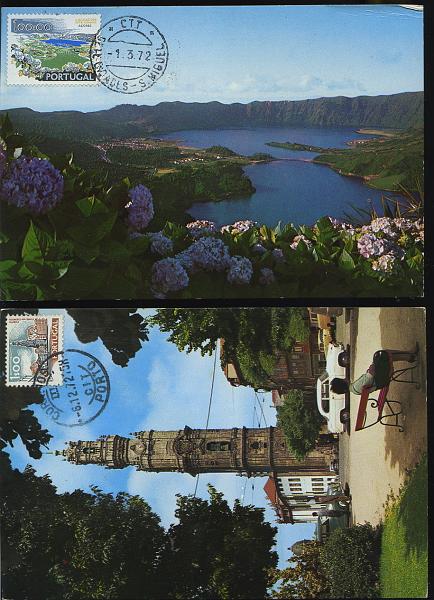 0603.jpg -     Lote:    603                   Descrição:         Torre dos Clérigos, Torre de Belém, Palácio Nacional e Lagoa das Sete Cidades. Lote de 4 postais máximos concordantes com selos Paisagens e Monumentos de 1$00, 1$50, 50$00 e 100$00, obliterados com marcas de dia, das respectivas localidades.        PM       Valor Base:     &euro; 10,00     Valor Venda:     &euro; 22,00     