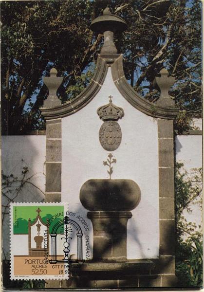0606.jpg -     Lote:    606                   Descrição:         1986 &mdash; Chafarizes dos Açores. CE1771/74. Quatro postais ilustrados cada um com o selo respectivo da série, obliterados com o carimbo de 1.º dia de circulação de Ponta Delgada (18.09.1986).        PM       Valor Base:     &euro; 8,00     Valor Venda:     &euro; 8,00     