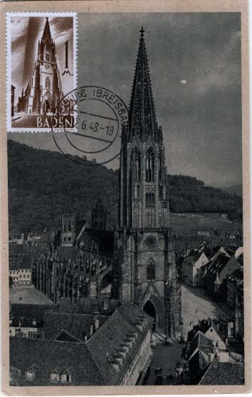 0610.jpg -     Lote:    610                   Descrição:      Alemanha (Baden) &mdash;   Yv13 (Catedral de Friburgo) em postal concordante obliterados com carimbo de Friburgo (17.06.48).        PM       Valor Base:     &euro; 7,00     Valor Venda:     &euro; 14,00     