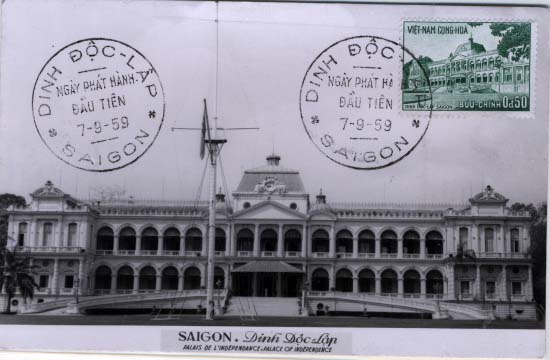 0621.jpg -     Lote:    621                   Descrição:      Vietname &mdash;   Yv120 (Saigão &mdash; Palácio da Independência) em postal concordante obliterados com carimbo de Saigão (07.09.59).        PM       Valor Base:     &euro; 7,00     Valor Venda:     &euro; 32,00     