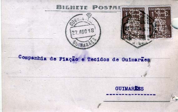 0651.jpg -     Lote:    651                   Descrição:         Perfurados. 1917/20 &mdash; Ceres. CE223, 1C castanho, denteado 15x14. Dois selos em postal ilustrado circulado de Lisboa (26.08.18) para Guimarães (27.08.18). Selos com perfuração de segurança "ZAGLO" licenciado pela Buzaglos & C.ª. Furos de arquivo, porém perfuração muito rara.        PI       Valor Base:     &euro; 40,00     Valor Venda:     &euro; 260,00     