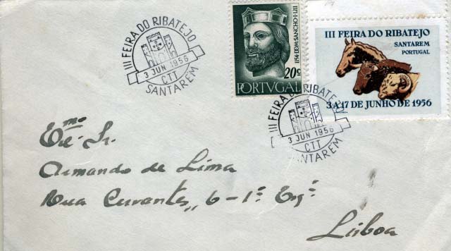 0690.jpg -     Lote:    690            Vinhetas       Descrição:         Vinhetas. 1955 &mdash; Reis de Portugal. CE807, $20 verde bronze em carta circulada de Santarém (03.06.56) para Lisboa. Vinheta da III Feira do Ribatejo obliterados com carimbo comemorativa da III Feira. MB.        Carta       Valor Base:     &euro; 6,00     Valor Venda:     &euro; 8,00     