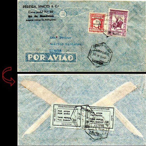 0720.jpg -     Lote:    720            Correio aéreo       Descrição:         1945 &mdash; Sobretaxa do Correio Aéreo interno. Sobrescrito circulado do Lubango (10.06.45) para Luanda (11.06.45) com par de 1$80 no verso CE SCA3 + Império Colonial CE263 + selo de porteado CE POR29 usado como selo de recurso no correio ordinário.        Aéreo       Valor Base:     &euro; 30,00     Valor Venda:     &euro; 30,00     