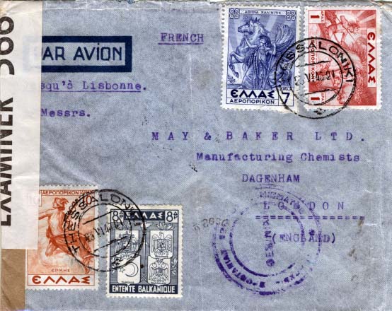 0760.jpg -     Lote:    760            Correio aéreo       Descrição:         2.ª Guerra Mundial. Lisboa como plataforma de encaminhamento de correio aéreo. Sobrescrito circulado de Thessaloniki * Grécia (23.06.40) para Londres com trânsito por Lisboa (29.06.40). "PAR AVION / Jusqu'à Lisbonne". Censurado pelos ingleses.        Aéreo       Valor Base:     &euro; 25,00     Valor Venda:     &euro; 2,00     