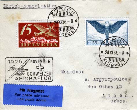 0764.jpg -     Lote:    764            Correio aéreo       Descrição:         1926/XI/28 - Carta da Suíça (Zurique) para Atenas. 1.º Voo (Catálogo F. Muller nº182). Voo efectuado por Hidroavião. Carimbo comemorativo rectangular não obliterante Novembro de 1926 &mdash; Schweizer AFRIKAFLUG. Carimbo rômbico no verso com o nº 48.        Aéreo       Valor Base:     &euro; 90,00     Valor Venda:     Retirado     