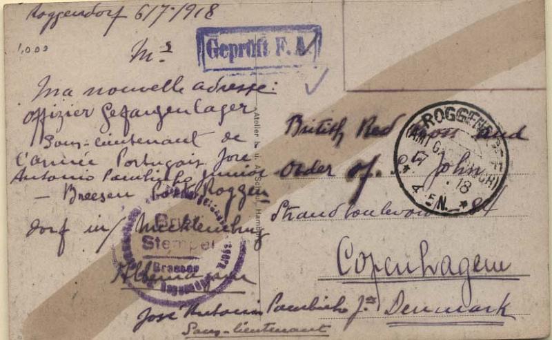 0799.jpg -     Lote:    799                   Descrição:         1.ª Guerra Mundial. Isentos de franquia. Postal ilustrado do Campo de Prisioneiros de Breesen na Alemanha, circulado isento de franquia de Roggendorf (17.07.18) para Cruz Vermelha Britânica em Copenhaga, por prisioneiro português. B e R.        PI       Valor Base:     &euro; 25,00     Valor Venda:     Retirado     