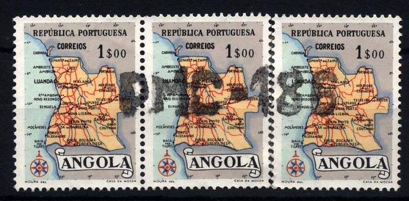 0821.jpg -     Lote:    821                   Descrição:         1961 &mdash; Guerra Colonial. Tira horizontal de 3 selos de 1$00 &mdash; Mapa de Angola CE382, obliterada com carimbo linear nominativo, batido a preto do PMC-186. Exemplar reproduzido no livro "História do Serviço Postal Militar" de Eduardo Barreiros e Luís Barreiros" Ag-65.        O       Valor Base:     &euro; 15,00     Valor Venda:     Retirado     