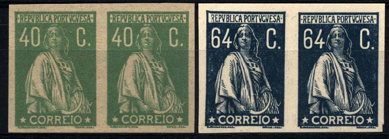 0845.jpg -     Lote:    845            Portugal       Descrição:         1924/26 &mdash; Ceres. Novas taxas e cores. Par de provas de 4OC em verde, não denteadas, em papel amarelado, pontinhado vertical muito leve, sem goma + par de 64 C azul-escuro em papel liso, não denteadas. MB.        PRV       Valor Base:     &euro; 15,00     Valor Venda:     &euro; 22,00     