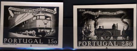 0861.jpg -     Lote:    861            Portugal       Descrição:         1956 — 1.º Centenário dos Caminhos de Ferro Portugueses. CE822 e 824. Duas provas fotográficas a preto. R.        PRV       Valor Base:     € 15,00     Valor Venda:     Retirado     