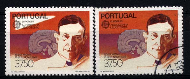 0954.jpg -     Lote:    954            Portugal       Descrição:         1983 &mdash; Europa CEPT. CE1614, 37$50. Selo com omissão parcial da cor laranja no canto superior esquerdo + selo normal para comparação.        ***       Valor Base:     &euro; 30,00     Valor Venda:     &euro; 42,00     