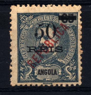 0994.jpg -     Lote:    994            Angola       Descrição:         1914 &mdash; D. Carlos I tipo Mouchon com sobretaxa e sobrecarga REPUBLICA local. CE178, 50 s/ 65 reis azul. Número "5" fendido tipo I + fenda no remate inferior do número (não catalogado). Valor de catálogo &euro; 60,00.        **       Valor Base:     &euro; 10,00     Valor Venda:     &euro; 42,00     