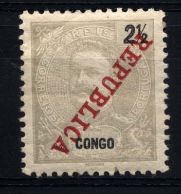1013.jpg -     Lote:    1013            Congo       Descrição:         1911 &mdash; D. Carlos I tipo Mouchon. CE60, 2 &frac12;  reis cinzento. Selo com a sobrecarga invertida.        ***       Valor Base:     &euro; 8,00     Valor Venda:     &euro; 16,00     