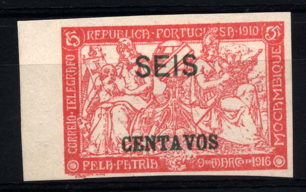 1061.jpg -     Lote:    1061            Moçambique       Descrição:         1918/20 &mdash; Taxa de Guerra. Selos do Imposto Postal com sobretaxa. CE205, 6C s/ 5C vermelho. Selo bordo de folha não denteado.        *       Valor Base:     &euro; 10,00     Valor Venda:     &euro; 14,00     