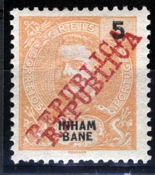 1093.jpg -     Lote:    1093            Inhambane       Descrição:         1911 &mdash; D. Carlos I, com sobrecarga REPUBLICA. CE33, 5 reis laranja. Selo com dupla sobrecarga. Não catalogada. MB.        **       Valor Base:     &euro; 15,00     Valor Venda:     &euro; 30,00     