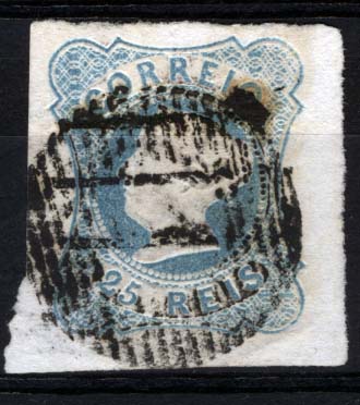 1104.jpg -     Lote:    1104            Portugal       Descrição:         1853 &mdash; D. Maria II. CE2, 25 reis azul esverdeado, com boas margens, obliterado com carimbo barrado mudo, atribuído a ELVAS. MB e MR.        O       Valor Base:     &euro; 50,00     Valor Venda:     &euro; 70,00     