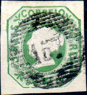 1107.jpg -     Lote:    1107            Portugal       Descrição:         1953 &mdash; D. Maria II. CE3, 50 reis verde amarelo. Boas margens. Obliterado com carimbo numérico da 1.ª reforma "157". Valor de catálogo &euro; 1.730,00.        O       Valor Base:     &euro; 220,00     Valor Venda:     &euro; 260,00     