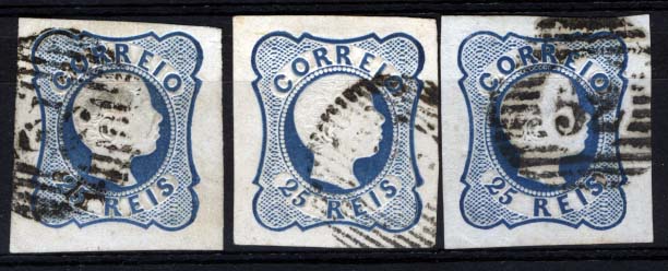 1122.jpg -     Lote:    1122            Portugal       Descrição:         1856/58 &mdash; D. Pedro V. Cabelos anelados. CE11, 25 reis azul (linhas simples). Lote de três selos, todos com boas margens. B. Valor de catálogo &euro; 289,20.        O       Valor Base:     &euro; 40,00     Valor Venda:     &euro; 40,00     