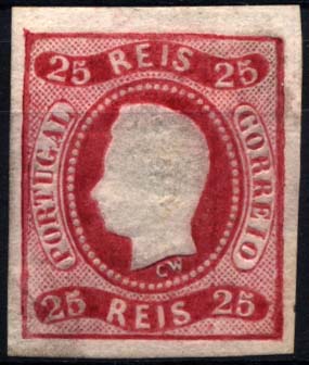 1144.jpg -     Lote:    1144            Portugal       Descrição:         1866/67 &mdash; D. Luís I. Fita curva não denteados. CE22, 25 reis carmim, com margens normais. Valor de catálogo &euro; 397,00.        **       Valor Base:     &euro; 35,00     Valor Venda:     &euro; 80,00     