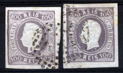 1148.jpg -     Lote:    1148            Portugal       Descrição:         1866/67 &mdash; D. Luís I. Fita curva, não denteados. CE25, 100 reis lilás, tipo Ia. Lote de dois selos com boas margens. Valor de catálogo &euro; 340,00.        O       Valor Base:     &euro; 50,00     Valor Venda:     Retirado     