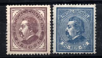 1186.jpg -     Lote:    1186            Portugal       Descrição:         1880/81 &mdash; D. Luís I, de perfil. CE54/55. Lote de dois selos de 25 e 50 reis em denteado 12 &frac12;, papel liso. Valor de catálogo &euro; 571,70.        **       Valor Base:     &euro; 75,00     Valor Venda:     Retirado     