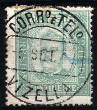 1211.jpg -     Lote:    1211            Portugal       Descrição:         1892/93 &mdash; D. Carlos I, tipo Diogo Neto. CE76, 80 reis verde claro, papel porcelana, denteado 13 &frac12;. Obliterado com CCD batido a preto de VIZELLA. Valor de catálogo &euro; 91,70.        O       Valor Base:     &euro; 18,00     Valor Venda:     &euro; 18,00     