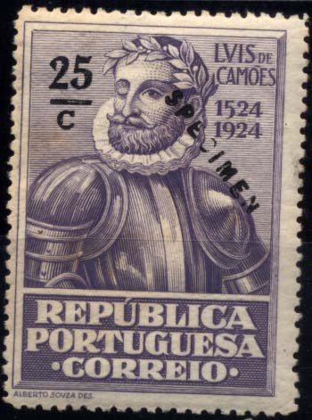 1267.jpg -     Lote:    1267            Portugal       Descrição:         1924 &mdash; 4.º Centenário do Nascimento de Luís de Camões. CE309, 25C azul violeta cinzento. Selo com sobrecarga a preto "SPECIMEN".        **       Valor Base:     &euro; 8,00     Valor Venda:     &euro; 8,00     